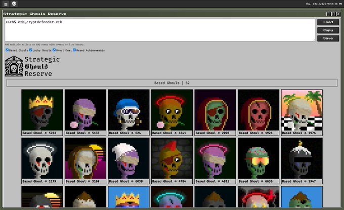 A software interface titled 'Strategic Ghouls Reserve' displaying a grid of pixelated skull NFT images from the CryptoSkulls project with hundreds shown.