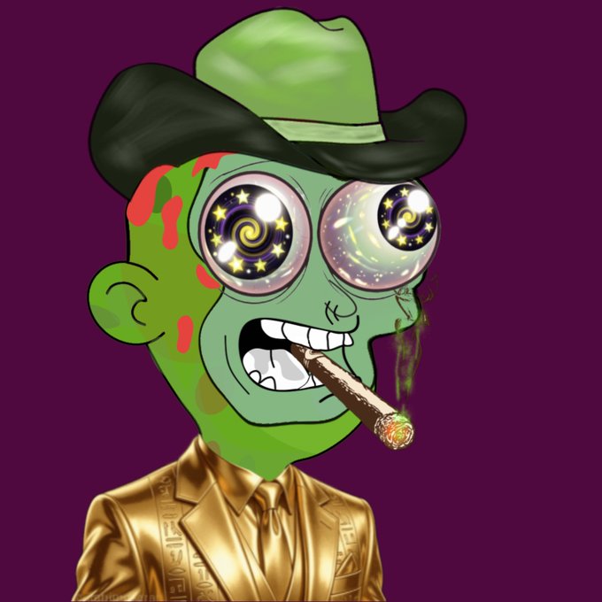 A cartoon illustration of a green-skinned character wearing a black hat and gold suit, with red marks on the face, smoking a joint with spiral, starry galaxy-patterned eyes against a dark purple background.