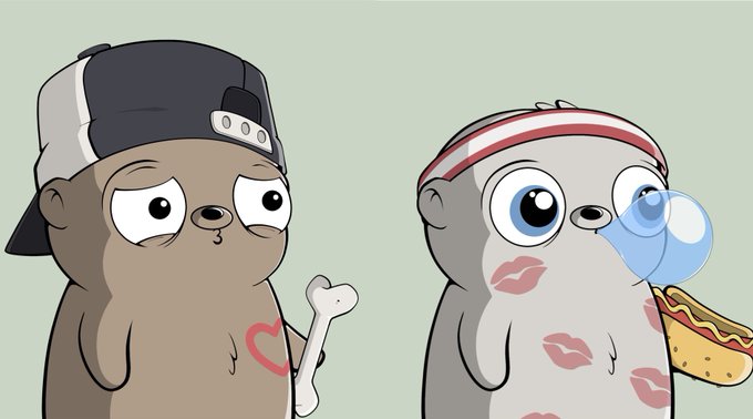 A cartoon illustration of two seal-like characters: one wearing a backwards cap holding a bone, and another with a headband blowing a bubble while holding a hotdog.