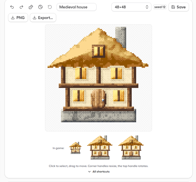 Screenshot of a pixel art editor interface displaying a 'Medieval house' sprite at 48x48 resolution with seed 12, showing the detailed house design with thatched roof and the same design at smaller 'In game' scales below.