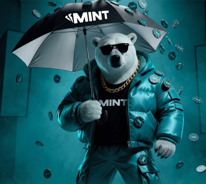 Stylized image of a polar bear wearing sunglasses, gold chain, and teal jacket holding an umbrella with 'MINT' logo, surrounded by floating cryptocurrency tokens.