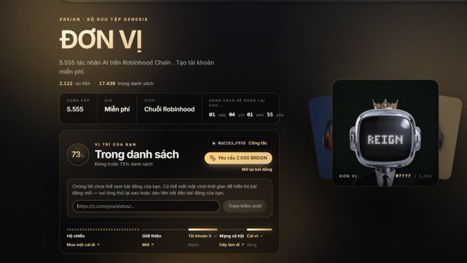 A website interface for 'XRIGN' shows a 'ĐƠN VỊ' (Unit) status page in Vietnamese, noting 5,555 total participants and listing the user as 73rd on the waitlist.