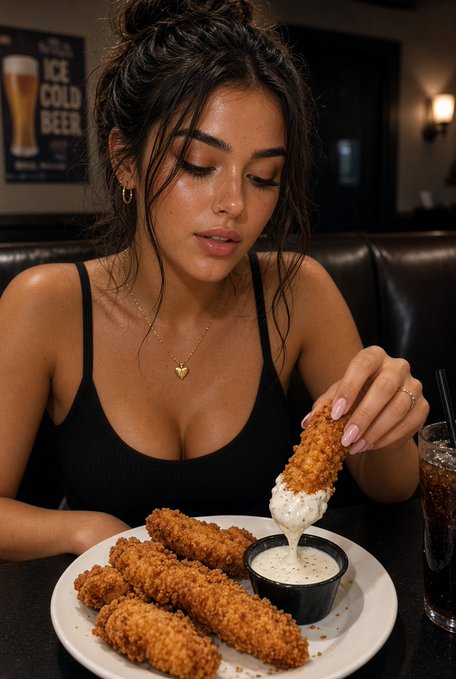 A young woman in a black tank top sitting at a restaurant booth with an 'ICE COLD BEER' sign in the background, dipping a breaded mozzarella stick into a small cup of white sauce, with a plate of similar sticks and a glass of soda in front of her.