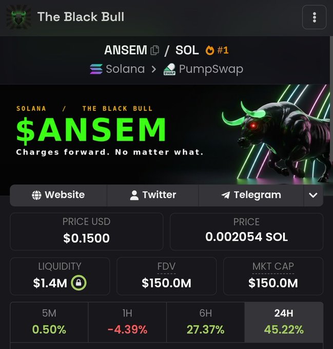 The image displays trading information for the "$ANSEM" token on Solana, showing a current price of $0.1500 USD and a 24-hour gain of 45.22%. This relates to the accompanying post which discusses the potential "fly" of memecoins on Solana, referencing "Ansem" as a figure driving this trend.