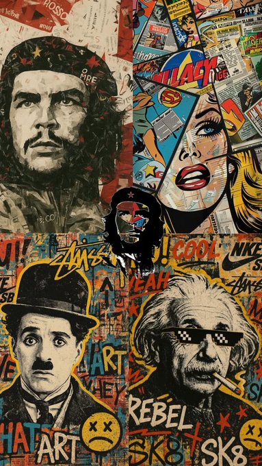 A vibrant pop-art style collage featuring illustrations of iconic figures including Che Guevara, a screaming comic book woman, Charlie Chaplin, and a sunglasses-wearing man, set against a graffiti background with words like "REBEL" and "SK8".