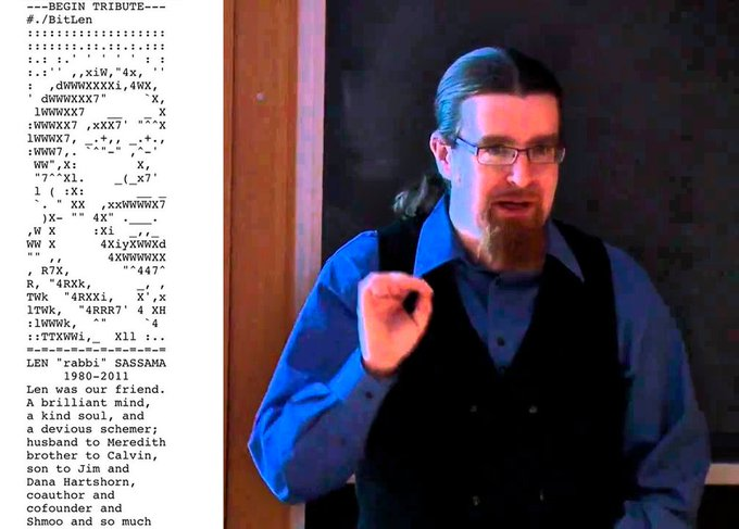 A split image showing a tribute to 'rabbit' SASSAMA (1980-2011) in ASCII art on the left, and a photo of a man with glasses and a beard wearing a blue shirt and black vest on the right.