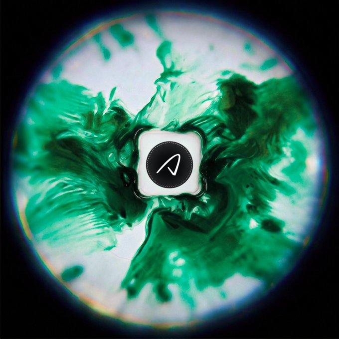 A stylized "A" logo sits at the center of a swirling green liquid orb, visually representing Aphelion under the microscope as referenced in the post about their role as an OG Solana market maker facilitating listings like $LLY.
