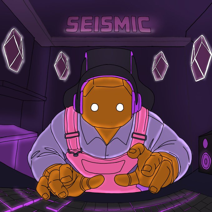 A digital illustration of an orange-skinned character wearing pink headphones and overalls, sitting at a computer keyboard with "SEISMIC" displayed above them.