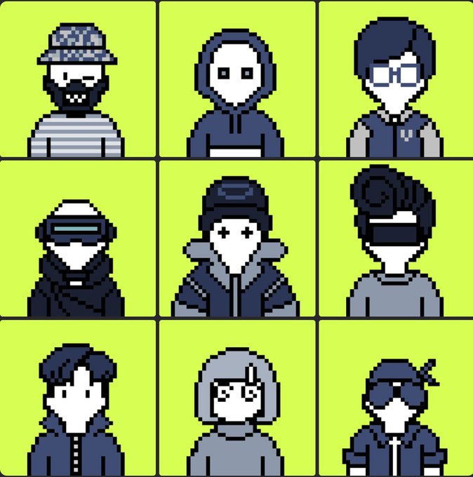 A 3x3 grid of nine pixel-art character avatars with featureless faces, each wearing different headwear or accessories like hats, glasses, hoodies, and helmets against a bright green background—presented as low-cost NFT-style profile pictures.