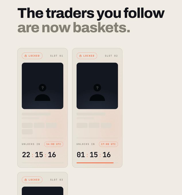 The image displays a UI mockup titled "The traders you follow are now baskets," featuring three locked slot cards (SLOT 01, SLOT 02, SLOT 03) with countdown timers (22:15:16 and 01:15:16) showing unlock times at 14:00 UTC and 17:00 UTC. This visual reinforces the post's concept by illustrating how MOSAIC allows users to transform influential traders' wallets into tokenized "baskets" (like ETFs), with each slot representing a trader's portfolio awaiting launch.