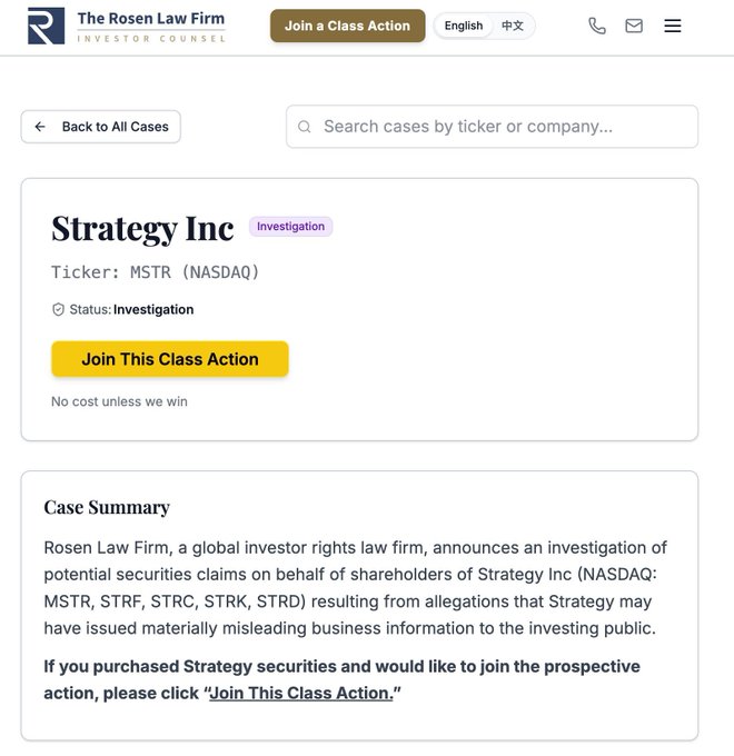 Rosen Law Firm webpage announcing an investigation into Strategy Inc (NASDAQ: MSTR) over potential misleading business information, with a "Join This Class Action" button for investors in MSTR, STRF, STRC, STRK, and STRD securities. The post notes the firm's one-click sign-up and expanding pressure on Strategy to address the allegations.