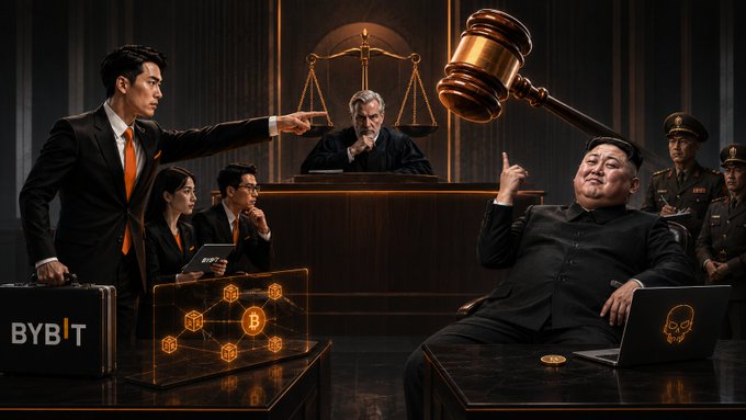 An illustrated courtroom scene depicts a Bybit attorney pointing accusingly at Kim Jong-un, who lounges with a smirk next to a gavel, scale of justice, and a laptop displaying a skull, while a Bitcoin hologram floats nearby. The "BYBIT" branding on a briefcase and the Bitcoin symbol visually reinforce the post about Bybit suing North Korea's leader over the $1.5 billion crypto heist.