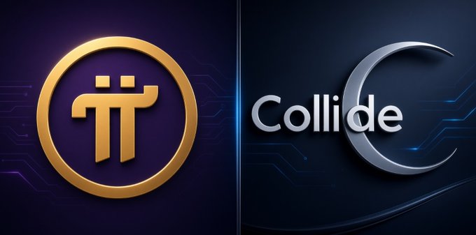 A split-screen graphic displaying the Pi cryptocurrency logo in gold on the left and the 'Collide' cryptocurrency logo with a silver crescent moon on the right.