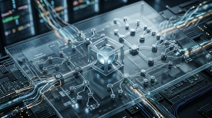 A futuristic digital illustration showing a glowing transparent cube labeled 'Human Civilization' connected by illuminated pathways and data nodes to a complex circuit board network.