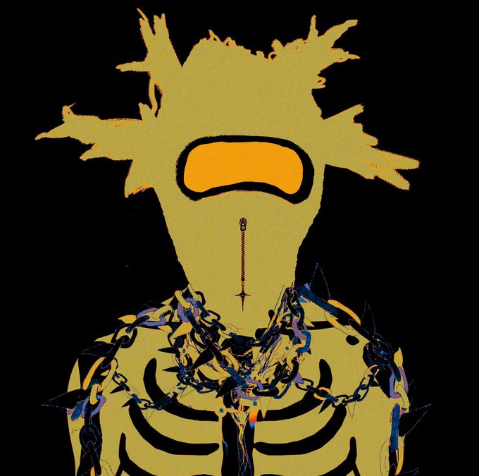 A surreal digital illustration depicts a skeletal figure with a spiky yellow headpiece, glowing orange mouth, and elaborate chain adornments against a black background.