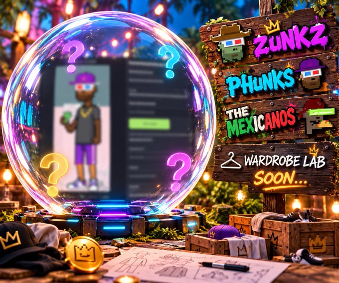 A vibrant promotional graphic featuring a glowing crystal ball with question marks displaying a pixel-art character, alongside wooden signs reading 'ZUNKZ PHUNKS', 'THE MEXICANOS', and 'WARDROBE LAB SOON...' with clothing items at the bottom.