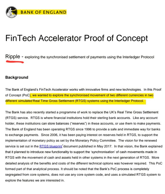 A Bank of England document titled "FinTech Accelerator Proof of Concept" featuring Ripple, highlighting their exploration of synchronized settlement of payments using the Interledger Protocol across two simulated Real Time Gross Settlement (RTGS) systems with different currencies, supporting the post's claim about Ripple's longstanding institutional ties and prior proof-of-concept trials with the Bank of England.