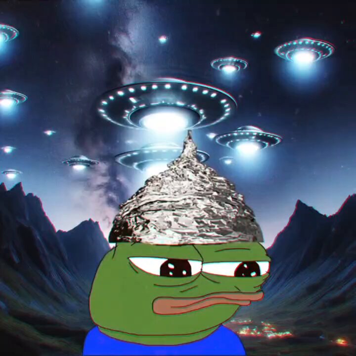 The image features a cartoon frog wearing a silver foil hat with a large silver circle on top of its head. The background shows an alien-like scene filled with UFOs flying overhead, creating a surreal atmosphere. The caption "GM Frens, The truth is out there and it' s frog shaped." suggests that the image is related to a post about frogs or possibly a discussion about the concept of UFOs in general.

The frog's hat and the UFO-filled background create an interesting juxtaposition between reality and imagination. This surreal scene could be interpreted as a commentary on the idea that there might be more than one world, with the frog representing a different reality from our own. The image also highlights the power of art to provoke thought and discussion about complex topics or ideas in a visually engaging way.