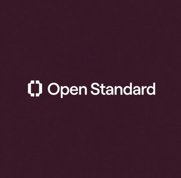 The image displays the Open Standard logo on a dark maroon background. It relates to the post as the visual branding for Open Standard, the organization officially launching the Open USD stablecoin backed by major financial and crypto partners like BlackRock, Visa, Mastercard, Stripe, and Coinbase.