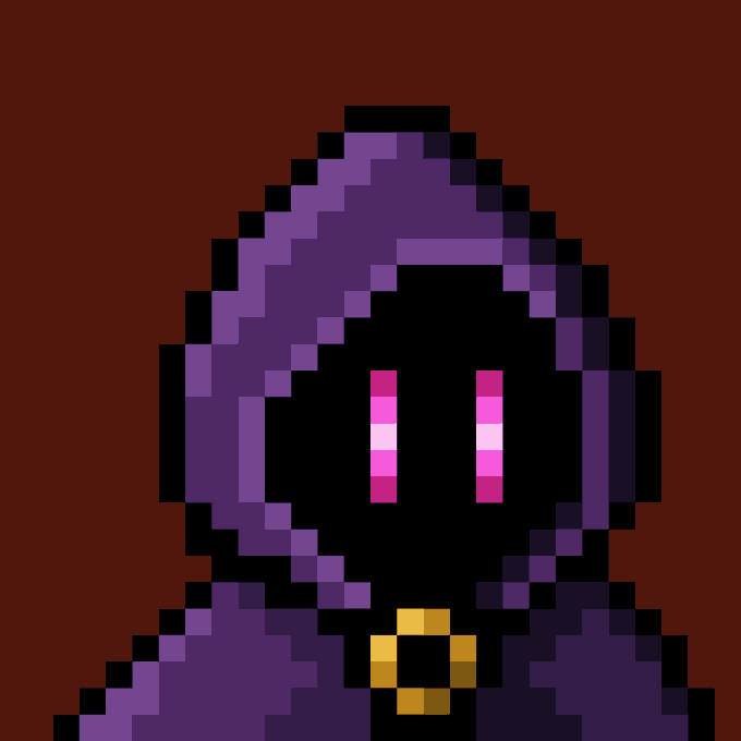 A pixel art hooded figure with a dark purple cloak and glowing pink/magenta eyes, featuring a golden emblem on the chest, is displayed as a profile picture (PFP) example from a collection of 2,600 hooded characters available for claim in an NFT marketplace.