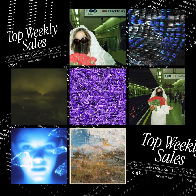 A collage titled 'Top Weekly Sales' displaying various digital artworks, photographs, and graphics arranged in a grid with overlaid text like '#WEEKLYSALES' and date ranges.