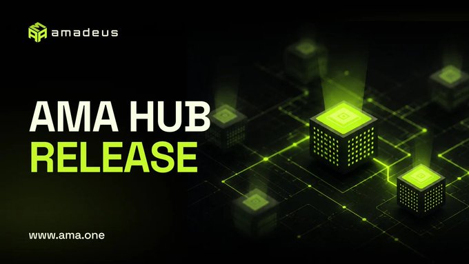 A dark promotional graphic with green glowing server-like cubes, featuring the 'amadeus' logo and text 'AMA HUB RELEASE' with 'www.ama.one' below.