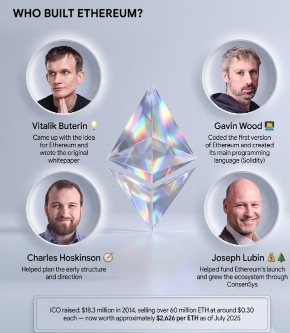 A graphic titled "Who Built Ethereum?" featuring Vitalik Buterin, Gavin Wood, Charles Hoskinson, and Joseph Lubin as key founders, with an Ethereum logo in the center and an ICO statistic showing $18.3 million raised in 2014 at $0.30 per ETH, now worth approximately $2,626 as of July 2025. The image ties to the post by highlighting Vitalik Buterin's central role in Ethereum's development, underscoring his ambitious leadership driving the platform's 2030 roadmap of quantum-resistant upgrades, recursive STARKs, and scalability.