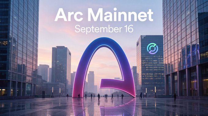A promotional graphic for "Arc Mainnet" dated September 16, featuring a large stylized "A" arch sculpture in purple and pink gradient against a modern city skyline.