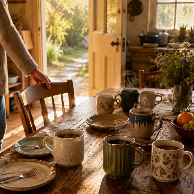 A warm, sunlit rustic kitchen scene shows a wooden table set with steaming mugs of coffee and tea, fresh flowers, and fruit, with a person pulling out a chair—evoking the cozy, community-focused atmosphere that aligns with the post's message that "Web3 is better when the community feels human."

No visible text, numbers, or tickers appear in the image.