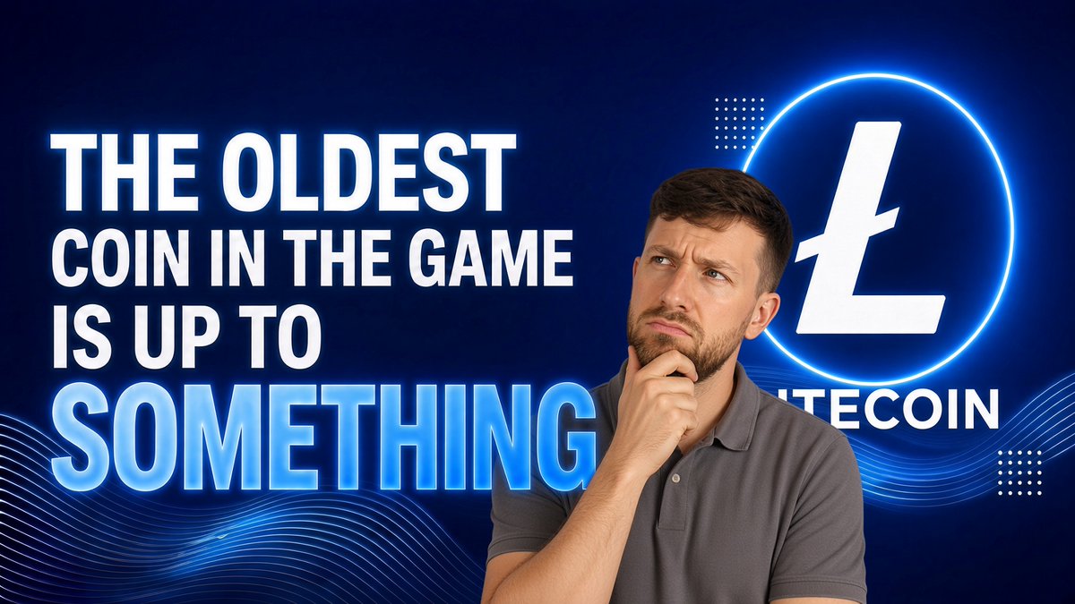 A thoughtful man in a gray polo poses with his hand on his chin beside the Litecoin (LTC) logo, with bold text reading "THE OLDEST COIN IN THE GAME IS UP TO SOMETHING" against a dark blue background, visually reinforcing the post's message about Litecoin quietly evolving behind the scenes.