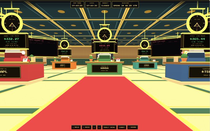 A stylized 3D rendering of a stock trading floor with multiple trading desks (AAPL, MGTI, HVOR, NVDA, TSLA) displaying stock prices and clocks, with a red carpet in the center.