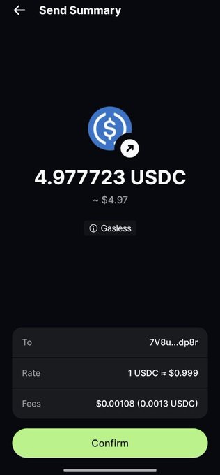A mobile app 'Send Summary' screen shows a transaction of '4.977723 USDC' (~ $4.97) labeled 'Caseless', with details for To (7V8u...dp8r), Rate (1 USDC ≈ $0.999), Fees ($0.00108), and a green 'Confirm' button.