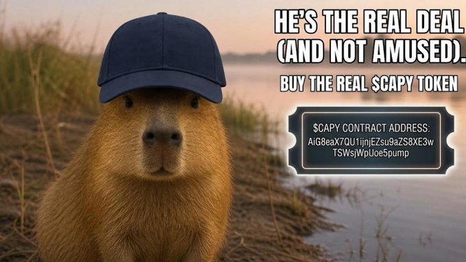 A capybara wearing a navy blue cap looks at the camera with the text 'HE'S THE REAL DEAL (AND NOT AMUSED). BUY THE REAL $CAPY TOKEN' and a contract address displayed.