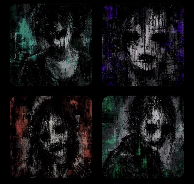 A four-panel artwork with a dark, glitchy aesthetic, each panel showing a distorted face in different color palettes: teal, purple, red, and green.