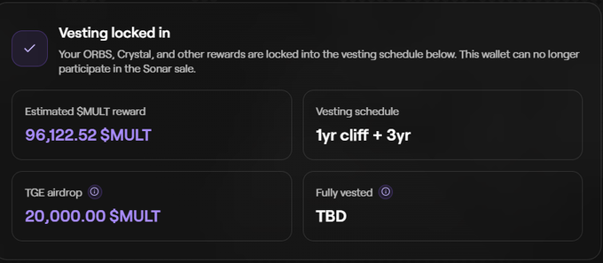 A dashboard interface showing 'Vesting locked in' status with an estimated reward of 96,122.52 $MULT, a TGE airdrop of 20,000.00 $MULT, and a vesting schedule of '1yr cliff + 3yr'.