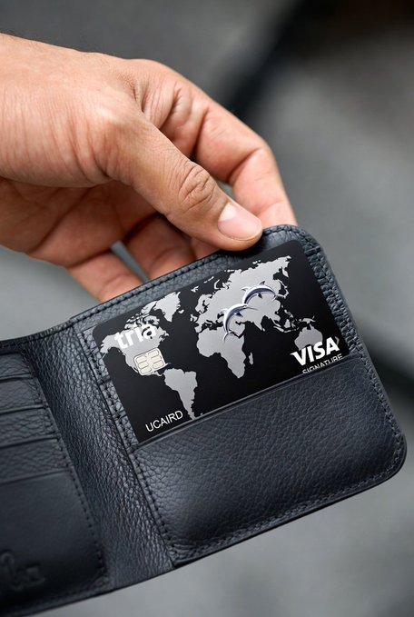 The image shows a person holding a black leather wallet open, revealing a Visa credit card inside. The person's hand is visible as they hold up the wallet with the credit card. The text "My parents: Remember to always carry important things when you go outside." and "@useTria" are also present in the image.