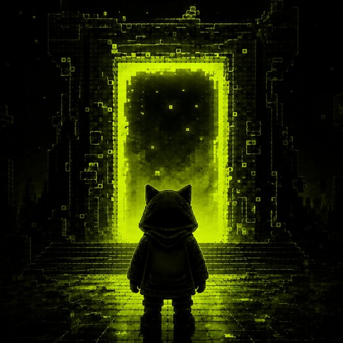 A small hooded figure with cat ears stands before a glowing green pixelated portal, symbolizing the activation moment of a BAPP NFT. The mysterious doorway evokes the threshold between holding an NFT and burning 200K $BAPP to unlock stock dividends from NVDA, GOOGL, AAPL, or SPCX.