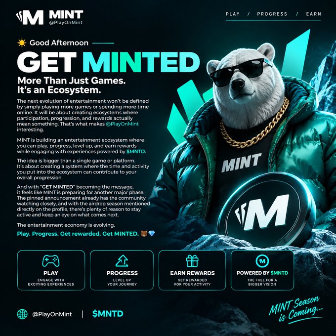 A promotional graphic for 'MINT' cryptocurrency featuring a polar bear wearing sunglasses and a gold chain, with text 'GET MINTED', 'PLAY / PROGRESS / EARN', and the ticker '$MNTD'.