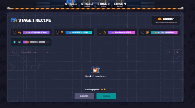 A 'STAGE 1 RECIPE' interface from what appears to be a game or app, showing crafting slots with various resources and a 'You don't have items' message.