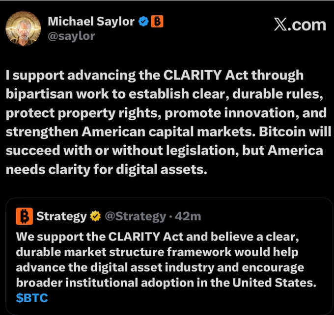 Michael Saylor (@saylor) tweets his support for advancing the CLARITY Act through bipartisan legislation to establish clear rules for digital assets, quoting Strategy's (@Strategy) official statement endorsing the bill with the ticker $BTC. The image directly supports the accompanying post by showing Saylor publicly advocating for Senate passage of the CLARITY Act to bring regulatory clarity and unlock institutional capital for the digital asset industry.
