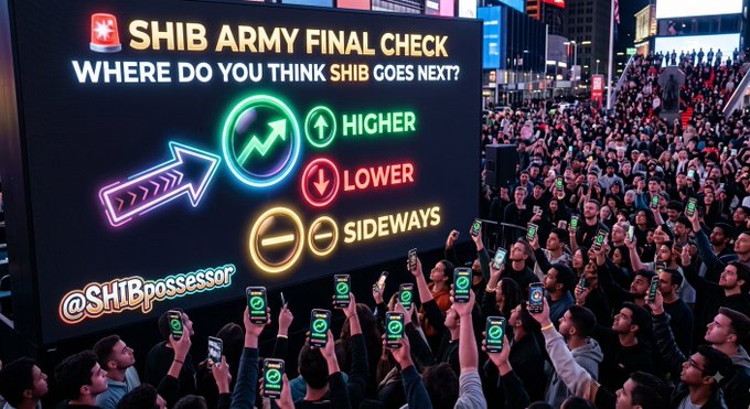 A large digital billboard displays a poll titled "SHIB ARMY FINAL CHECK" asking "WHERE DO YOU THINK SHIB GOES NEXT?" with glowing options for "HIGHER," "LOWER," and "SIDEWAYS," watched by a crowd holding up phones, directly illustrating the social media engagement prompt about Shiba Inu's next price movement.