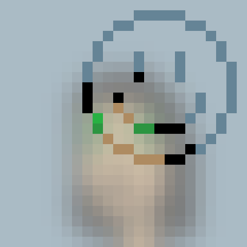 Pixel art depicting a tombstone or grave marker with a skull-like face featuring cyan and green details on a light blue background.