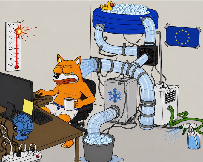 An orange dog wearing only underwear sits sweating at a desk, surrounded by an absurd DIY cooling contraption made of ducting, an inflatable pool filled with ice, a snowflake-marked cooling unit, a spray bottle, and a small fan, with a thermometer on the wall showing temperatures above 50°C and an EU flag pinned to the wall. The image humorously captures the desperate, over-engineered struggle of working from home in Europe during a brutal heatwave.