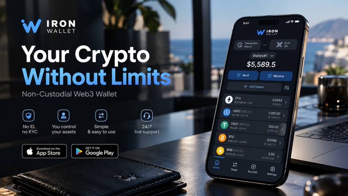An advertisement for 'Iron Wallet' crypto wallet, showing a phone displaying $5,589.5 and various cryptocurrencies (ETH, USDC, USDT, BTC, BNB).