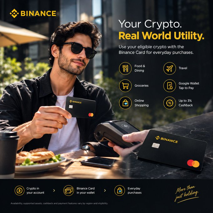 The image is a Binance advertisement showing a man wearing sunglasses holding a black Binance Card (with Mastercard logo) while a cashier processes his payment with a card reader, with text highlighting "Your Crypto. Real World Utility." and features like "Food & Dining," "Travel," "Groceries," "Online Shopping," "Google Wallet Tap to Pay," and "Up to 3% Ca$hback." The ad visually reinforces the post's message by depicting crypto being used for an everyday purchase, illustrating how the Binance Card bridges digital assets with real-world transactions like buying a meal.