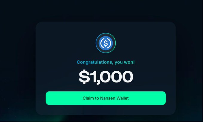 Congratulations, you won $1,000! Click the button to claim it to your Nansen Wallet.