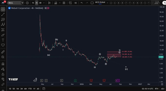 This image displays an Elliott Wave analysis of Webull Corporation (NASDAQ: BULL), showing potential price targets around $7.29 to $9.84 for wave "iv". The chart visually represents the user's question about a potential recovery versus a wave iv bounce.