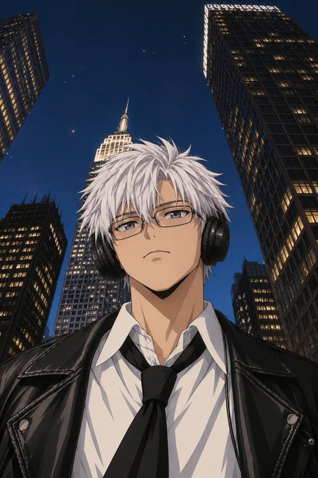 Anime-style illustration of a white-haired character wearing glasses, headphones, a white shirt, black tie, and black leather jacket, set against a nighttime city skyline with the Empire State Building.
