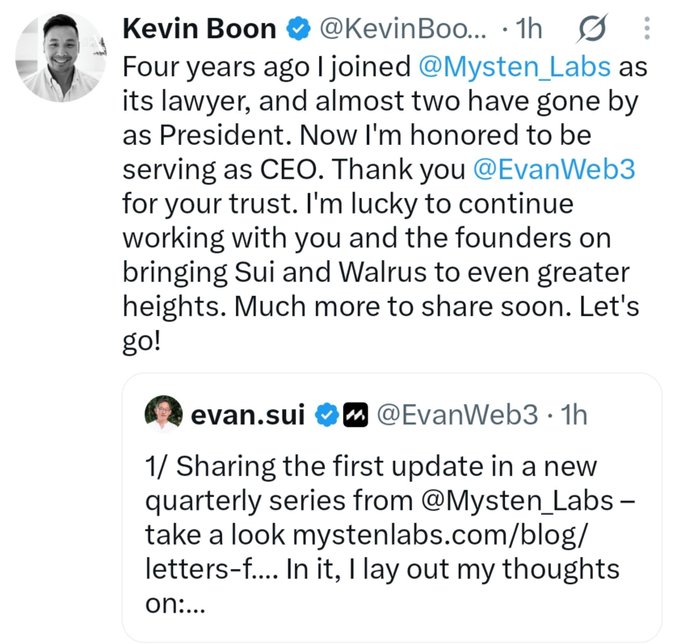 A screenshot of a tweet by Kevin Boon (@KevinBoon) announcing his transition from President to CEO of Mysten Labs, thanking @EvanWeb3, with a quoted tweet from evan.sui (@EvanWeb3) sharing a link to a Mysten Labs blog post about Sui and Walrus.