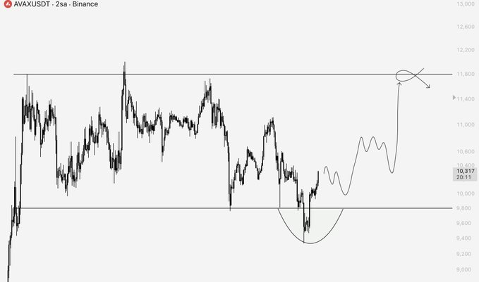 The image shows a 2-hour candlestick chart of AVAX/USDT on Binance, with the current price highlighted at 10,317, displaying a key resistance zone near 11,600 and a rounded bottom pattern forming around 9,400, illustrating the post's point about shaking out both greedy and fearful traders before a potential upside move toward the marked resistance target.